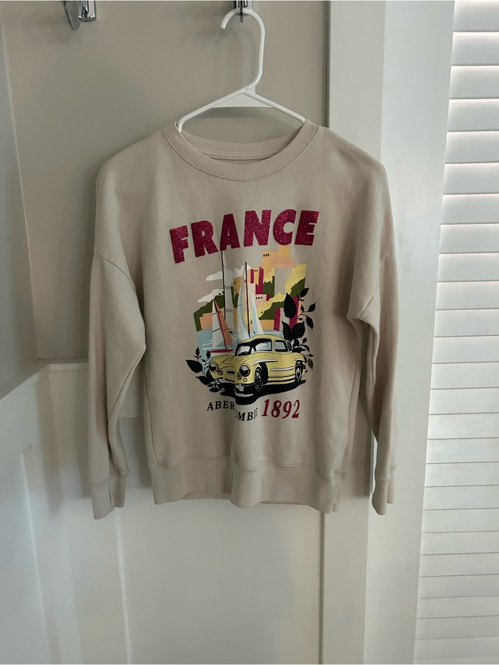 Abercrombie kids France Graphic Crewneck Sweatshirt in Beige with Yellow Car